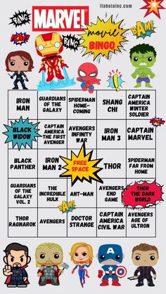 an image of the avengers party game with pop culture characters and names for each member