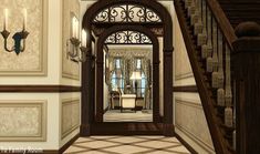 an entry way leading to a living room and dining room area with chandelier