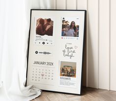 a calendar with photos and pictures on it next to a white curtain in front of a window