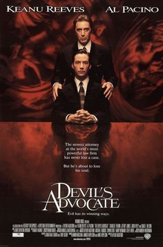 a movie poster for devil's advocate with two men sitting in front of them