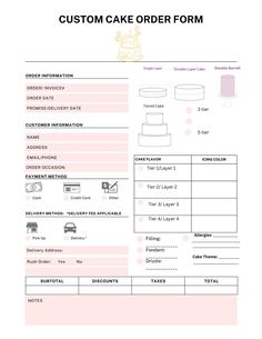 a cake order form is shown in pink and white with the words, custom cake order form