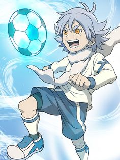 an anime character kicking a soccer ball in the air with his right hand and one foot