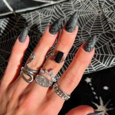 Fierce statement ring featuring a rectangular black onyx gemstone set within Gothic accents. made of non-tarnish stainless steel adjustable ring band for sizes 6-9 available in gold or silver Wicked Inspiration: The Mistress of all Evil, and most misunderstood villain, Maleficent. Inspired by the ring she wears in the Disney movie, Sleeping Beauty. Witchy Nails Halloween, Salem Witch Nails, Salem Nails Ideas, Wednesday Adams Nails Ideas, Morticia Nails, Nail Inspiration Fall, Cool Halloween Nails, Corpse Bride Nails, Dark Halloween Nails