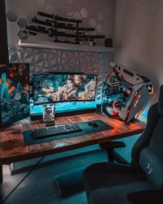 a computer desk with two monitors and a keyboard on it in front of a wall