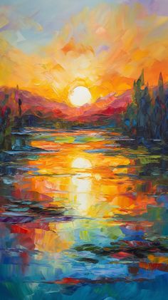 an oil painting of a sunset over water