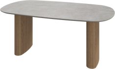 an oval shaped table with wooden legs and a concrete top, viewed from the front