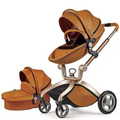 a baby stroller with an infant seat in the middle and another one behind it