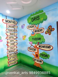 the children's room is decorated with colorful murals and directional signs that spell out days