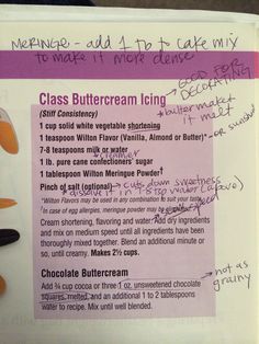 a recipe for chocolate buttercream icing with instructions on the front and back