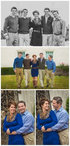 four different shots of people posing for a photo in front of a building and the same image