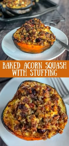 baked acorn squash with stuffing on a white plate