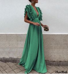 Olivia Mark - Chic Backless Solid-color Maxi Dress with Flutter Sleeves Green V-neck Dress With Ruffles, Green V-neck Ruffle Dress, Green V-neck Ruffle Dress For Brunch, Chiffon Ruffle Dress For Spring Evening, Spring Evening Ruffle Chiffon Dress, Spring Evening Ruffle Dress In Chiffon, Spring Evening Floor-length Ruffle Dress, Flowy Ruffle Dress For Spring Party, Fitted Floor-length Ruffle Dress For Spring