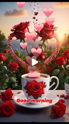 a cup with roses floating out of it and the words good morning written in front of it