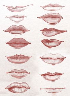 various lips drawn in red ink on white paper with the words, lip shapes and their corresponding