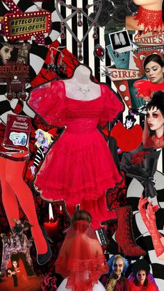 a collage of red and black items including a dress, shoes, necklaces