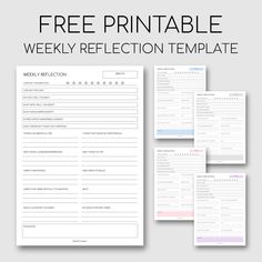 the free printable weekly reflection template is shown in three different colors and sizes, including pink