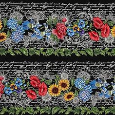 a black background with red, yellow and blue flowers