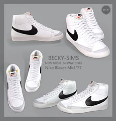 four different styles of white sneakers with black and orange accents