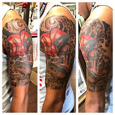 three different views of a man's arm with tattoos on it