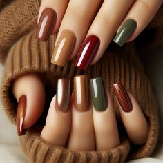 Fall 2024 Nail Trends You’ll Love: Bold, Chic, and Perfect for You! - Payhip Manicure Fall 2024, Fall Design Nails Autumn, 2024 Autumn Nails, Earth Tone Nails Designs, Brown And Blue Nails, Winter Color Nails, Thanksgiving Acrylic Nails, Hot Nails Trends, Dip Designs