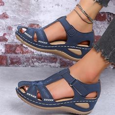 Category:Sandals; Upper Materials:Faux Leather; Embellishment:Embroidery; Season:Summer; Heel Type:Wedge Heel; Gender:Women's; Toe Shape:Round Toe; Style:Casual,Elegant,Minimalism; Heel Height(inch):3-4; Outsole Materials:PU; Occasion:Beach,Outdoor,Daily; Closure Type:Magic Tape; Pattern:Solid Color; Listing Date:03/21/2023; Production mode:External procurement; 2024 Trends:Wedge Sandals,Platform Sandals; Foot Length:; Foot Width:; SizeChart1_ID:2:179956; Size chart date source:Provided by Suppl Peep Toe Wedge Sandals, Women Platform Sandals, Sandal Platform, Platform Wedge Sandals, Sport Sandals, Casual Sandals, Styl Vintage, Blue Shoes, Sandals Summer