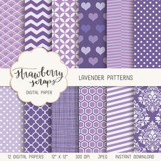 lavender digital paper pack with hearts, chevrons and other patterns for scrapbooking