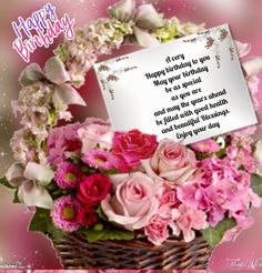 a birthday card with pink flowers in a basket and a message to someone on the side