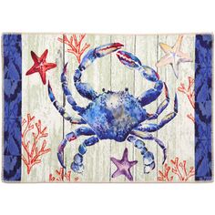 blue crab and starfish on white wood planks door mat