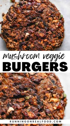 two burgers with the words mushroom veggie burgers on top and bottom