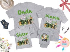 three matching shirts with the words mama and two little ones in green letters on them