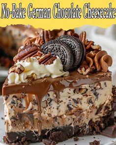 no - bake german chocolate cheesecake with cookies and oreo pieces on top