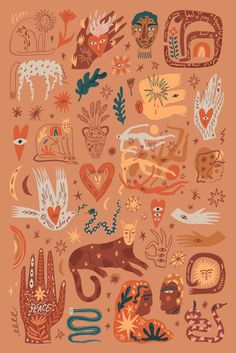 an illustration of many different types of animals and plants on a pink background with the words love