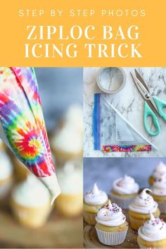 a collage of photos with the words ziploc bag icing trick