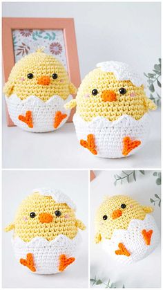 crocheted chicken with egg shell in four different stages to make it look like an easter chick