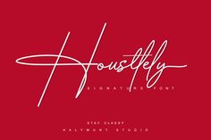 the signature font for hustley signature font is shown in white on a red background