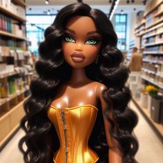 the doll is wearing a gold corset and has long black hair with green eyes