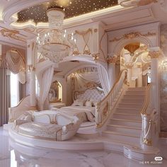 a luxurious bedroom with chandelier, bed and stairs in the middle of it