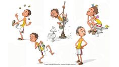 cartoon character poses for different stages of the same person to perform various things in their life