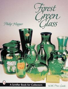 an advertisement for green glass featuring vases and other collectibles on the front cover