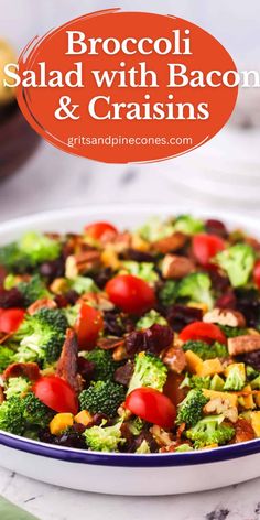 broccoli salad with bacon and raisins in a bowl on a table