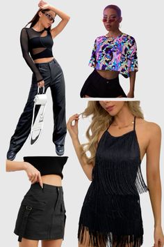 four different styles of women wearing crop tops and fringed skirts, all in black