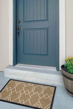 a blue front door with a potted plant next to it and an entrance mat