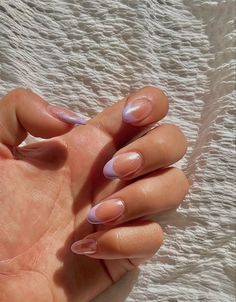 Chrome light purple French tips nails on white fabric background Lavender French Tips, Spring Colors For Nails, Colors For Nails, French Tips Nails, Purple Chrome Nails, Hoco Nails, Tips Nails, Nails Elegant