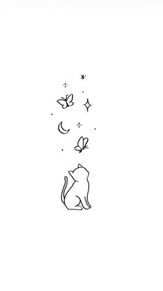 a black and white drawing of a cat with stars on it's tail, sitting in front of the moon