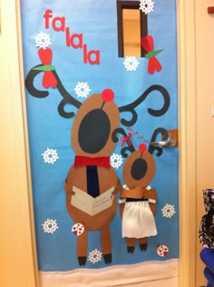 a door decorated to look like a reindeer and girl