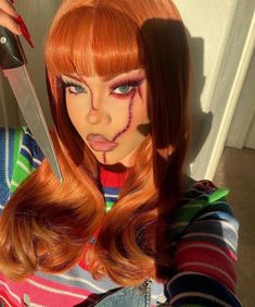 Halloween costume,Halloween costumes, costplay, chucky costume,chucky costplay Halloween Y2k Costumes, Chucky Glam Makeup, Halloween Makeup With Red Hair, Chunky Makeup Halloween, Dark Skin Halloween Costumes, Easy Chucky Makeup, Chunky Halloween Costume, Diy Chucky Costume Women