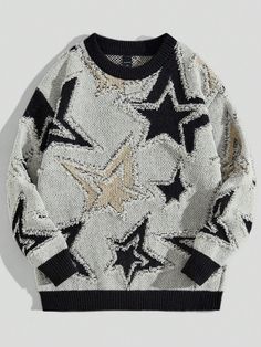 Men's Star Pattern Casual Pullover Sweater, School Grey Casual  Long Sleeve Knitwear Geometric Pullovers Non-Stretch  Men Clothing, size features are:Bust: ,Length: ,Sleeve Length: Sweaters Y2k, Y2k Sweater Men, Emo Crew Neck Sweater For Streetwear, Mens Sweater, Black Casual Sweater With Star Print, Winter Long Sleeve Star Print Sweater, Knit Sweater With Star Print Long Sleeve, Casual Pullover Sweater, Sport Sweater