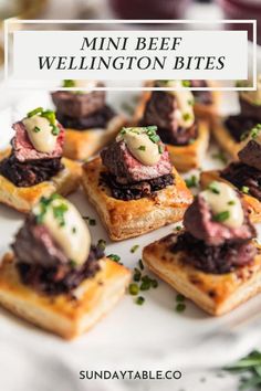 mini beef wellington bites on a white plate with green garnish and text overlay