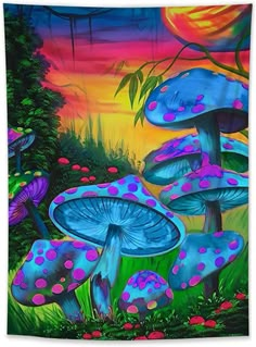 a painting of blue mushrooms in the grass with trees and sunset behind them, on a colorful background