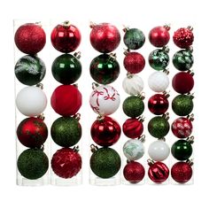 christmas ornaments are arranged in a vertical display